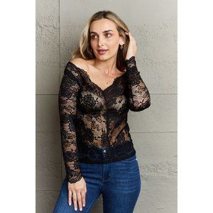 Shoulder Lace Top Long Sleeves V-neck Solid Breathable Soft Slightly Stretchy